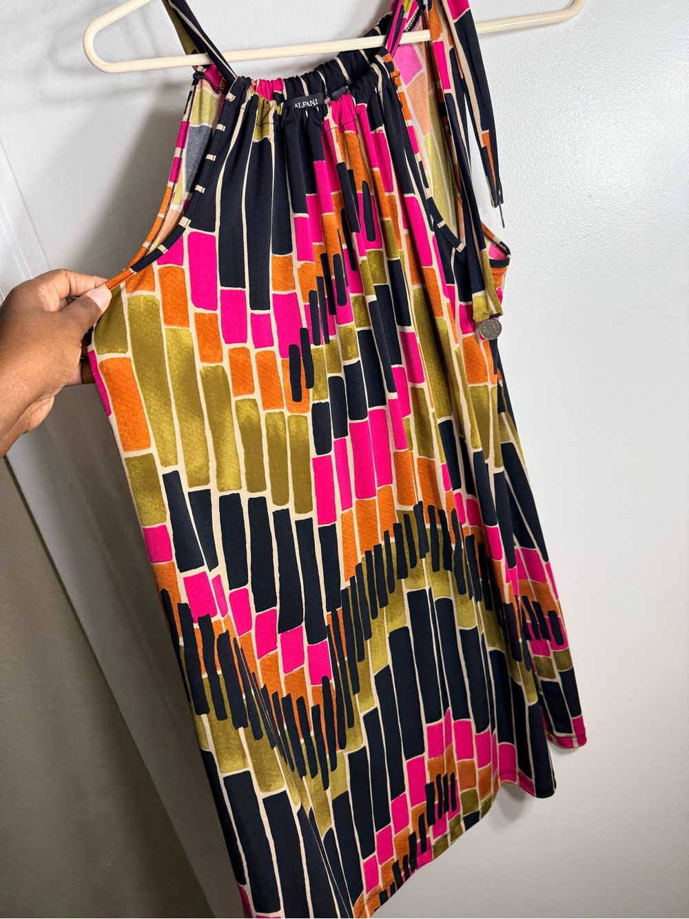 Alfani Geometric Halter Midi Dress in Pink, Olive & Black